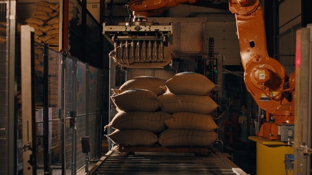 Um braço robótico industrial empilha sacos numa correia transportadora.